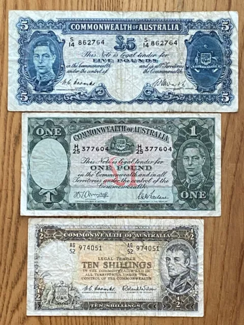 AUSTRALIA 1 x 5 Pounds, 1 x 1 Pound & Ten shillings Banknotes no reverse @ 1.99