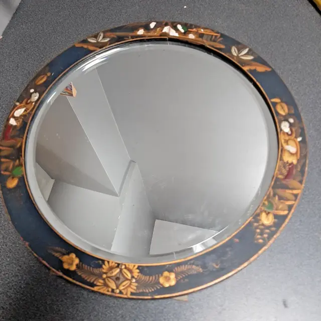 Antique 1920s? Black Gilded Lacquer Chinoiserie Round Wall Mirror, Chinese decor