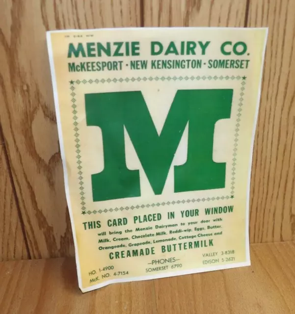 Copy of Menzie Milk Dairy Window Card McKeesport Somerset New Kensington PA