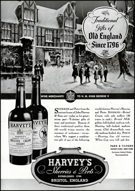 1935 Christmas Harvey's Bristol Cream Sherry Old England 1796 Art Print Ad