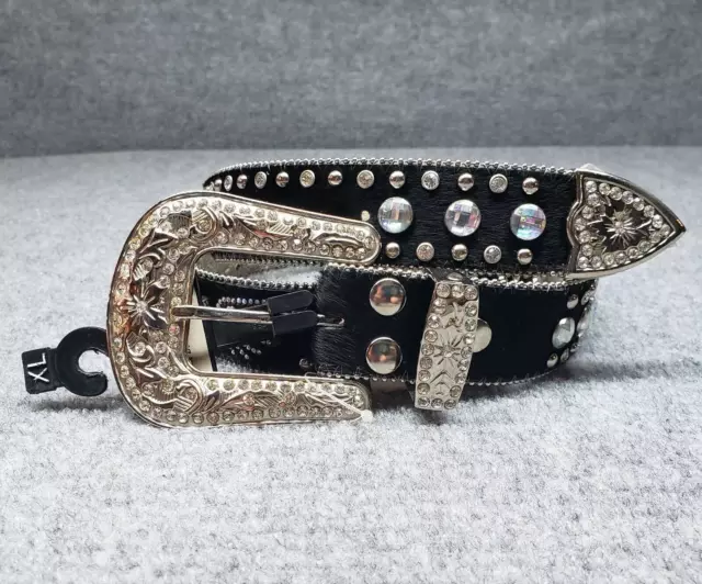 Nocona Womens Belt Western Genuine Leather Rhinestones Black Etched Cross XL New
