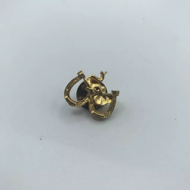 Elephant Trunk Up & Double Horseshoe Good Luck Tie Tack Pin Lapel Hat Gold 3/4"