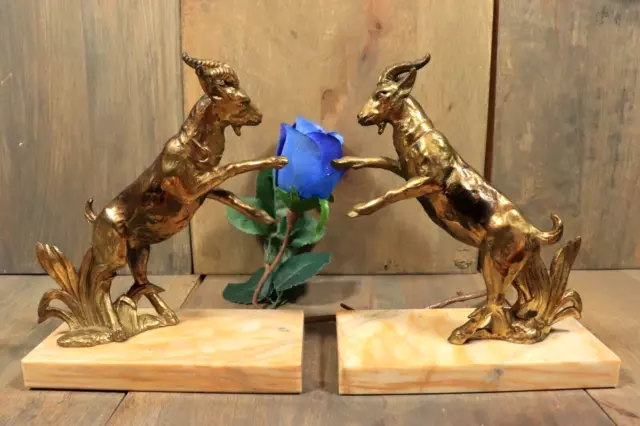 XL French Antique ART DECO Bookends Bronzed Spelter Goat Statue Marble Base Pair