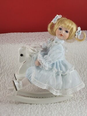 Emerald Doll Collection Blonde Porcelain Doll On White Rocking Horse W/Tag 8.5"