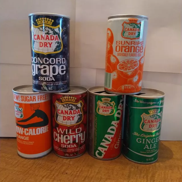 Lot 37 6 Vintage steel pull top Canada Dry soda pop cans 12 oz ginger ale orange