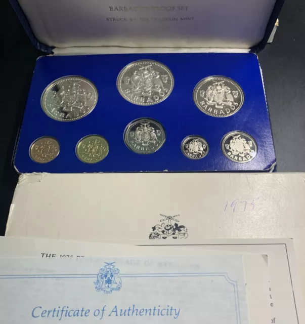 Barbados 1975 Proof Set / Beautiful Gem 8 Coin Set / KmPS4 / With Mint Box & COA