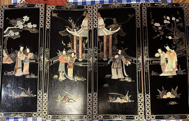 Vintage Oriental Mother of Pearl Black Lacquer Asian Wall Art 4 Plaque Panels.