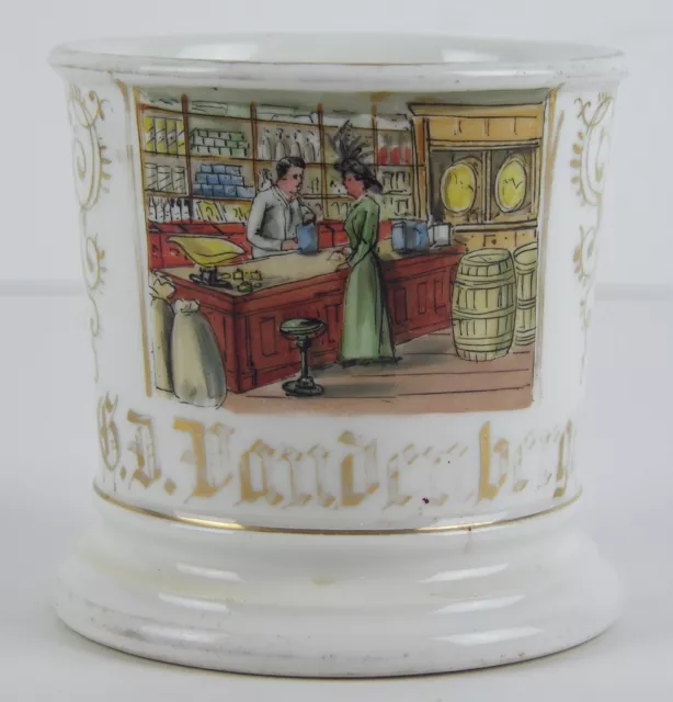 ca1900 HAND PAINTED GROCERY STORE OCCUPATIONAL SHAVING MUG STORE INTERIOR