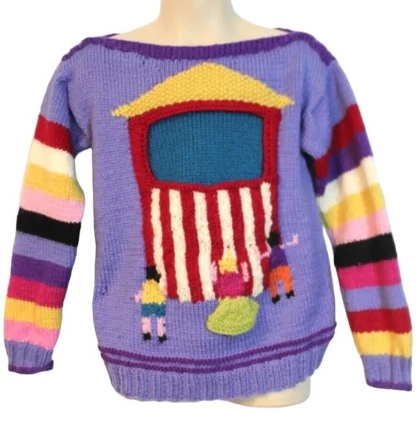 Vintage 1970's Kids Size 4-5 Handknit Wool Puppet Show Theme Long Sleeve Jumper