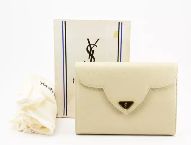 Yves Saint Laurent [Unused] Cassandra Cream Leather Clutch Bag Purse Second