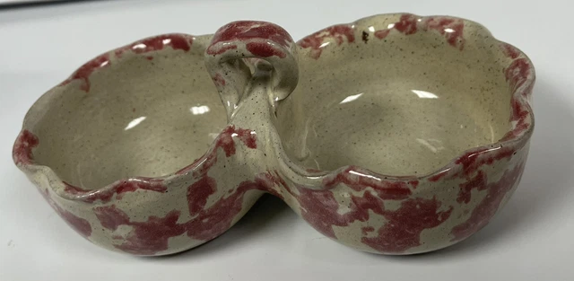 Rare ByBee Pottery KY Maroon Beige Spongeware 7.5" 2 bowl relish condiment dish