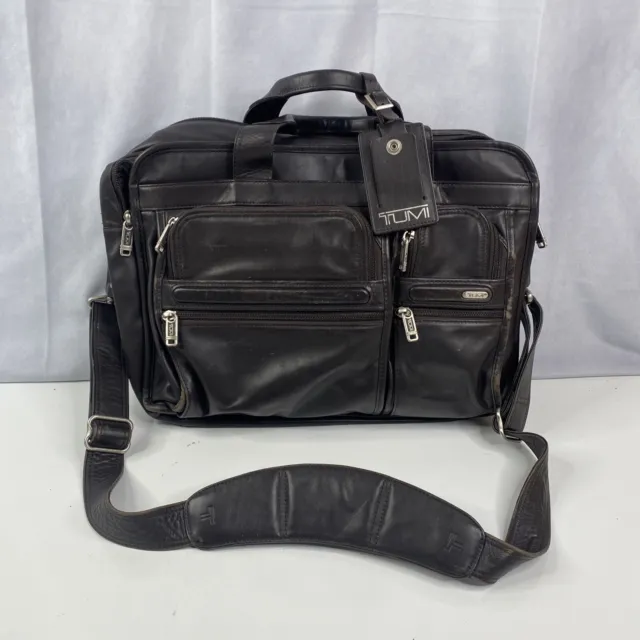 TUMI Brown All Leather Briefcase Carry On Laptop Bag Expandable 17"