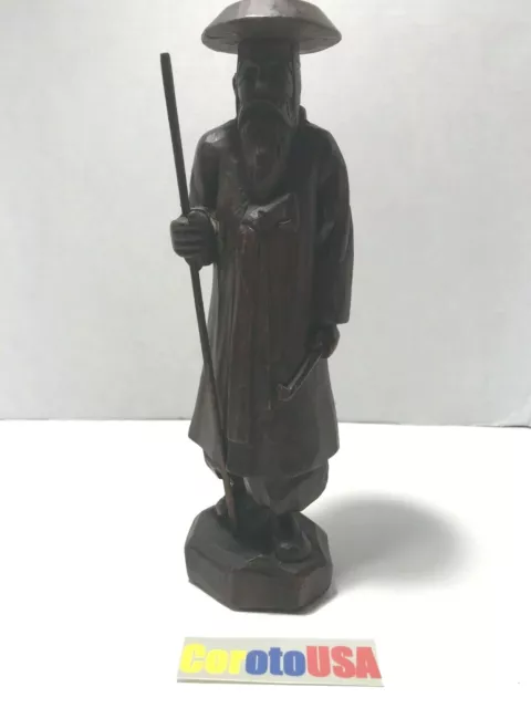 Hand Carved Wooden Figurine 12” Asian Bearded Old Monk with Walking Stick – VTG