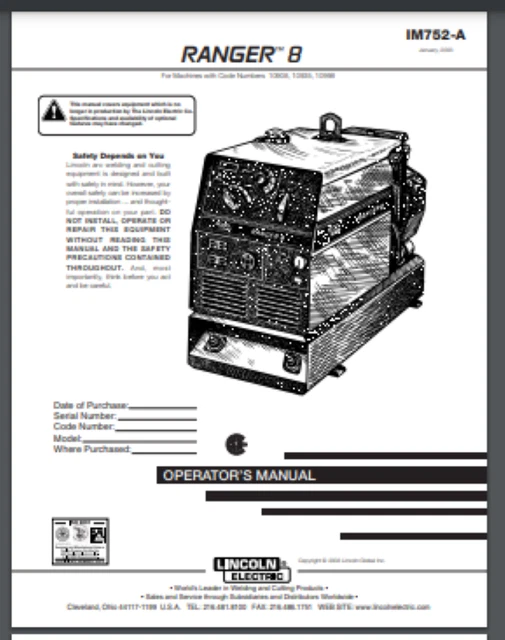 Lincoln RANGER 8 welder Owner manual for 10908, 10935, 10998 39 pages year 2003