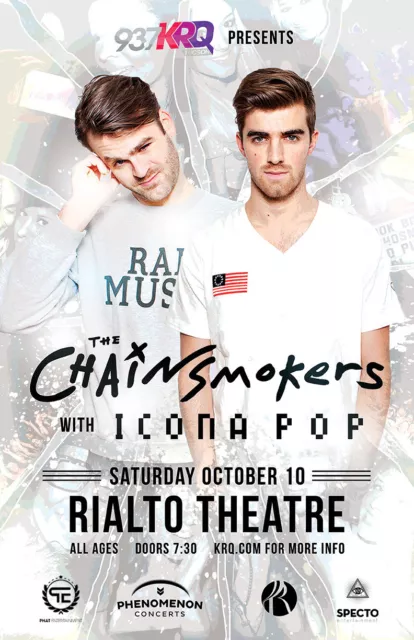 THE CHAINSMOKERS / ICONA POP 2015 TUCSON CONCERT TOUR POSTER - EDM, Dance Music