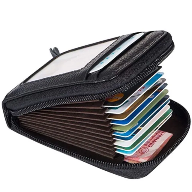 Genuine Leather Men Wallet Credit Card Holder RFID Blocking Zipper Pocket Thin 10