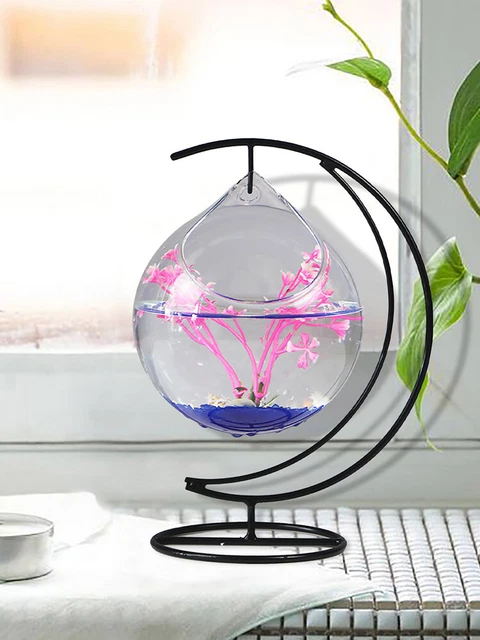 Desk Hanging Fish Tank Bowl with Stand Transparent Glass Fish Bowl Mini Aquarium 3
