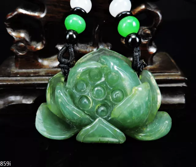 100% Natural Hand-carved Jade Pendant Jadeite Necklace lotus flower 859i