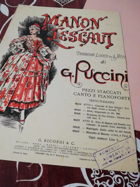 Spartito Gigante CANTO e PIANOFORTE G. Puccini Donna Non Vidi Mai MANON LESCAUT