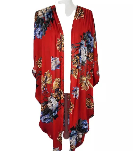 Entro Boutique XL 1XL Red Floral Roses Open Kimono Cardigan