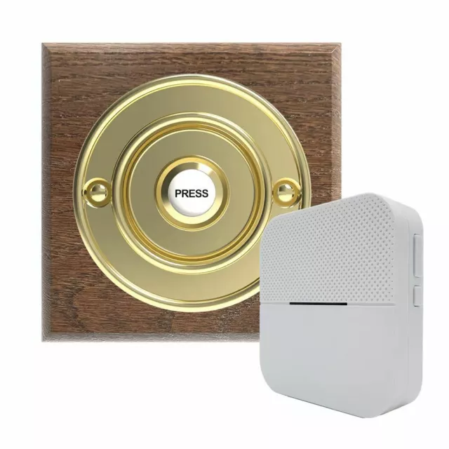 Traditional Square Wireless Doorbell in Tudor Oak and Brass