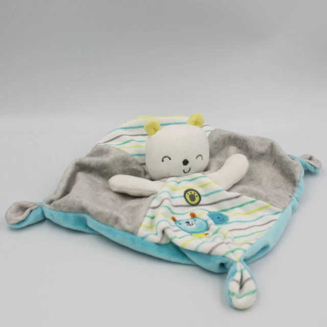 Doudou plat ours blanc bleu gris vert rayé MOTS D'ENFANTS - 27713