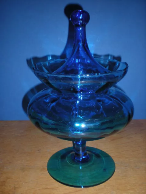 Lg Blue Apothecary Jar Vtg Hand Blown Empoli Italian Canister Circus Tent Lid