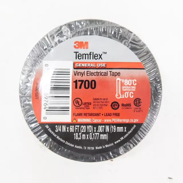 3M Temflex 1700 Premium Black Vinyl Electrical Tape Roll 3/4" x 60'