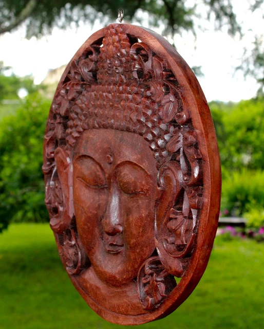 Buddha Wall sculpture Round Panel Plaque Hand Carved Wood Bali art Boho decor 3