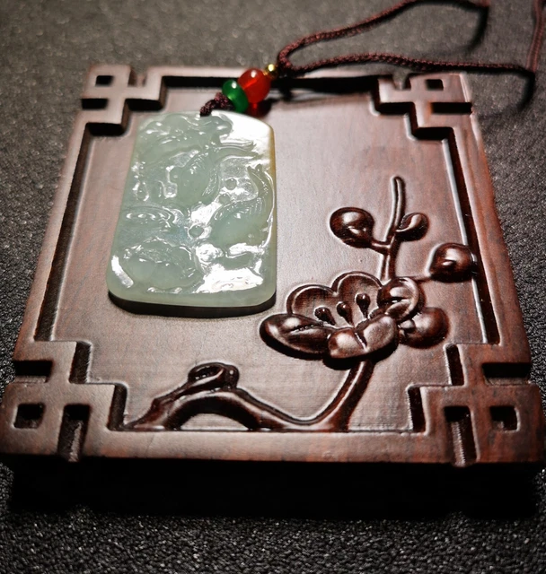 Hand Carved Green Burma Natural A Jadeite Jade Fish & Lotus Pendant Healing