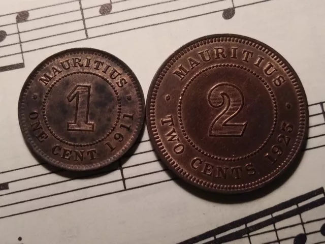 MAURITIUS 1 cent 1911 + 2 cents 1923 KM12+13 Br TOP GRADE nice toning RARE PAIR!