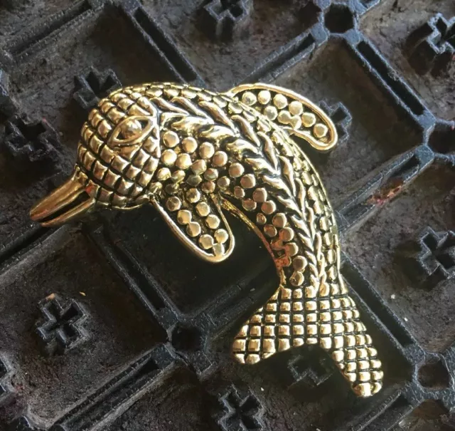 Dolphin Figural Animal Brooch Textured Gold Tone Unique 2 Costume Pin