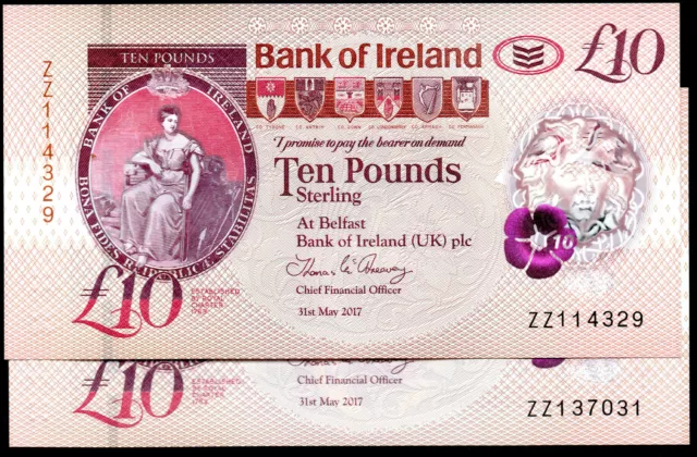 ZZ bank of ireland ltd belfast £10 ten pound banknotes 2017 polymer replacement