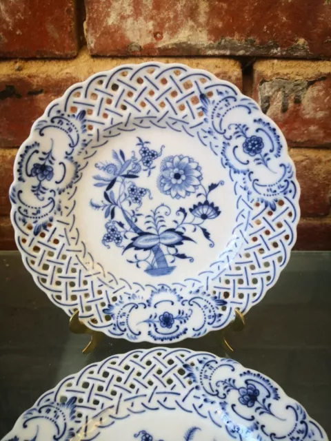 Carl Teichert Antique Reticulated Blue And White Plates (Meissen Marked) 2