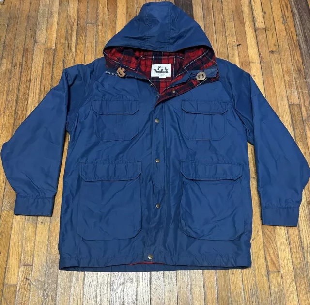 VINTAGE DUCK BAY Jacket Mens Large Blue PVC Flannel Lined Hooded
