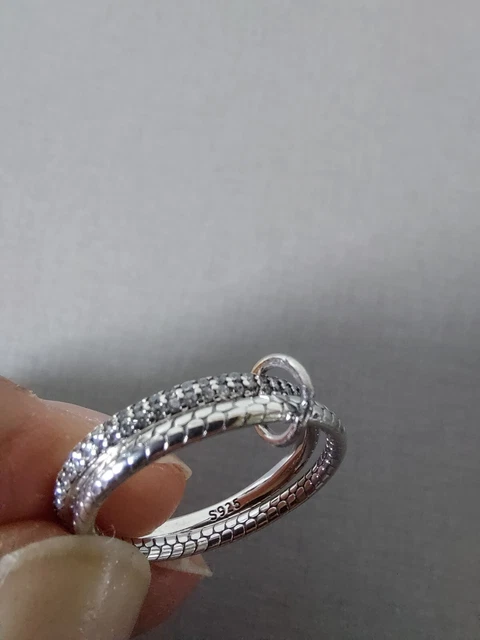 Bague Double Anneau En Argent 925 - Style Maille Serpent Avec Zirconium - Taille 54 - Neuf Sans Emballage