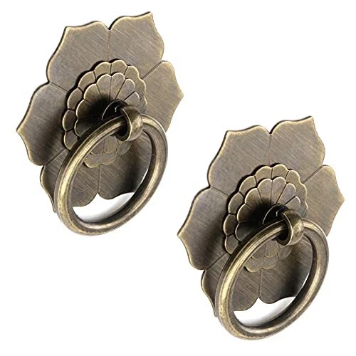 Drop Ring Knobs Antique Bronze Tone Ring Pulls Flower Shape Cabinet Pulls - 2pcs