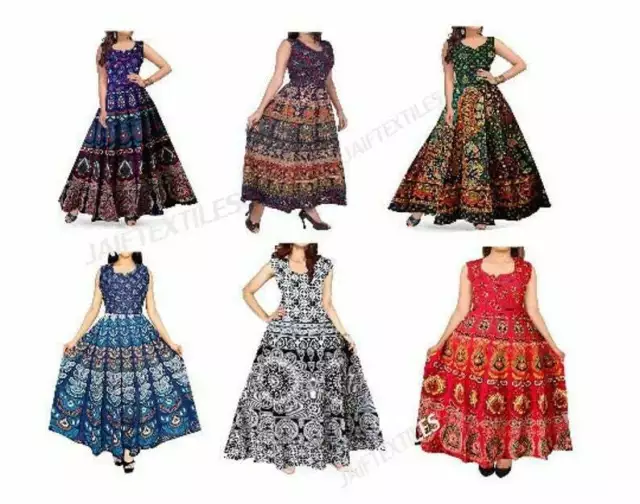 Lot of Rajasthani Printed Indian Women Maxi Dress, Boho Cotton Long Maxi Dress