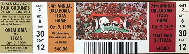 UNUSED 1999 OKLAHOMA SOONERS vs TEXAS LONGHORNS Football Ticket.. Rare!!