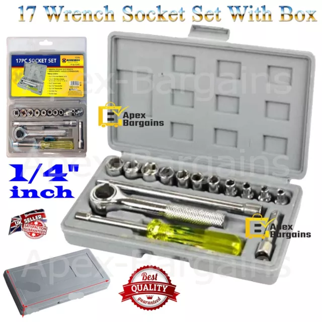 17pcs Wrench Socket Box Set 1/4" inch Drive Metric Imperial Ratchet Driver Tools