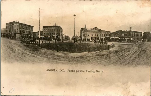 RPPC Public Square Looking North Wide Angle Angola Indiana IN 1909 Postcard C9