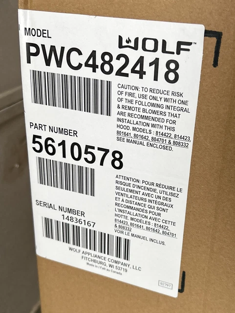 Brand New Wolf PWC482418 48” Wall Chimney Stove Hood Open Box No Blower Brand New Wolf PWC482418 48” Wall Chimney Stove Hood Open Box No Blower