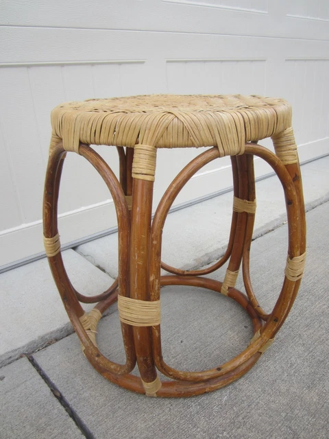 VTG MCM Ottoman Footstool Wicker Rattan And Bamboo Stool Side table Plant Stand