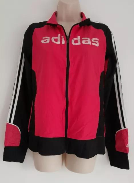 💜 ADIDAS Age 13-14 Years Girls Hot Pink & Black Zip Up Tracksuit Top Ref 17