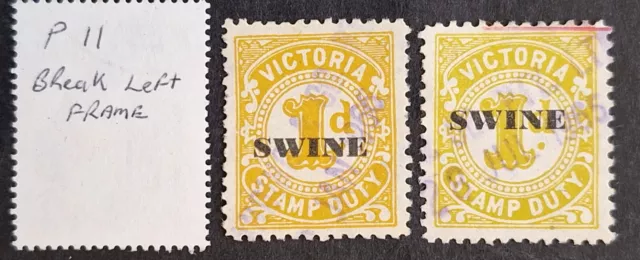 1960- Victoria Australia 2X1d Olive Stamp Duty P11 used SWINE O/P Shades & vars.