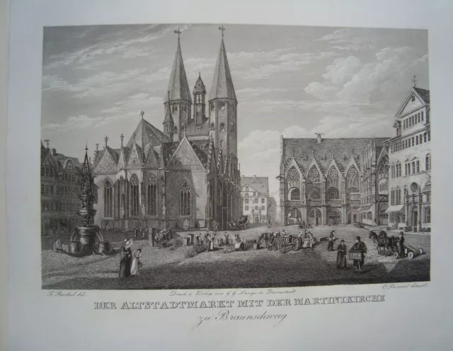 Braunschweig Altstadtmarkt Martinikirche  wunderschöner großer Stahlstich 1842