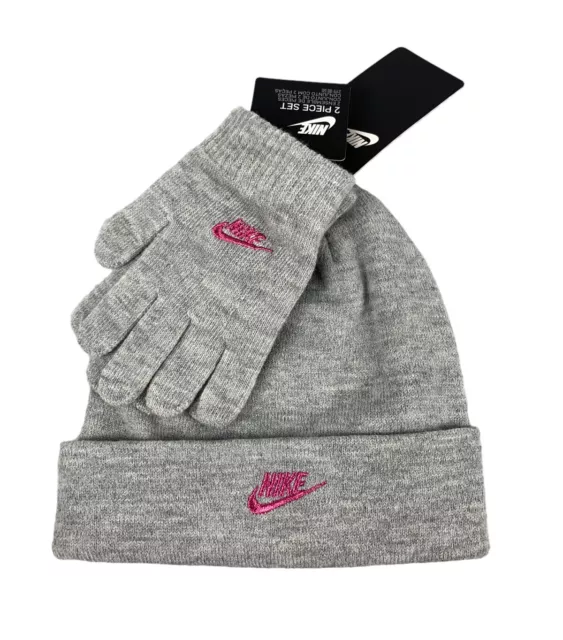 NEW Nike 2 Piece Youth Girls Beanie/Gloves Set Dark Heather Gray Pink