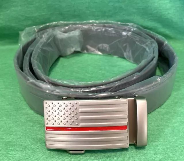 Fire Fighter Ratchet Belt w/ Buckle Red Line American Flag Brushed Nickel EMS