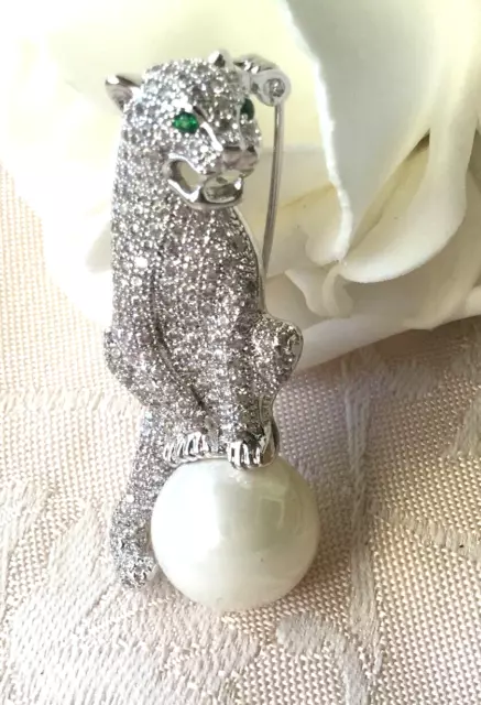 Vintage Jewellery Leopard Panther Silver Brooch Pin Pearl Antique Deco Jewelry