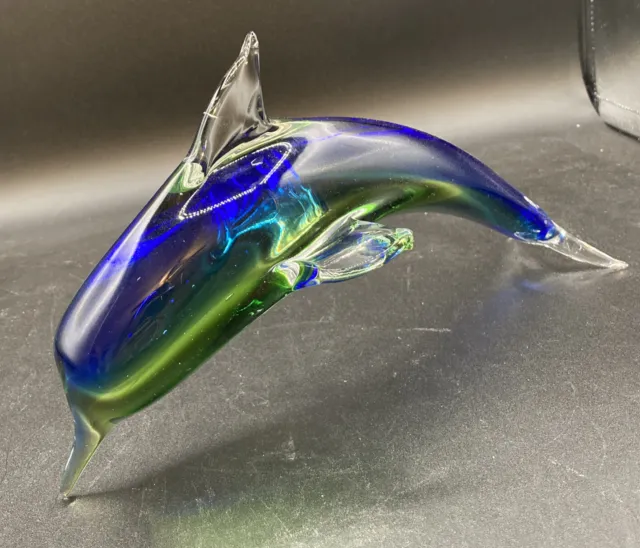 Huge Vintage Crystal Blue& Green Glass Dolphin 11 1/4" Long. Excellent Condition